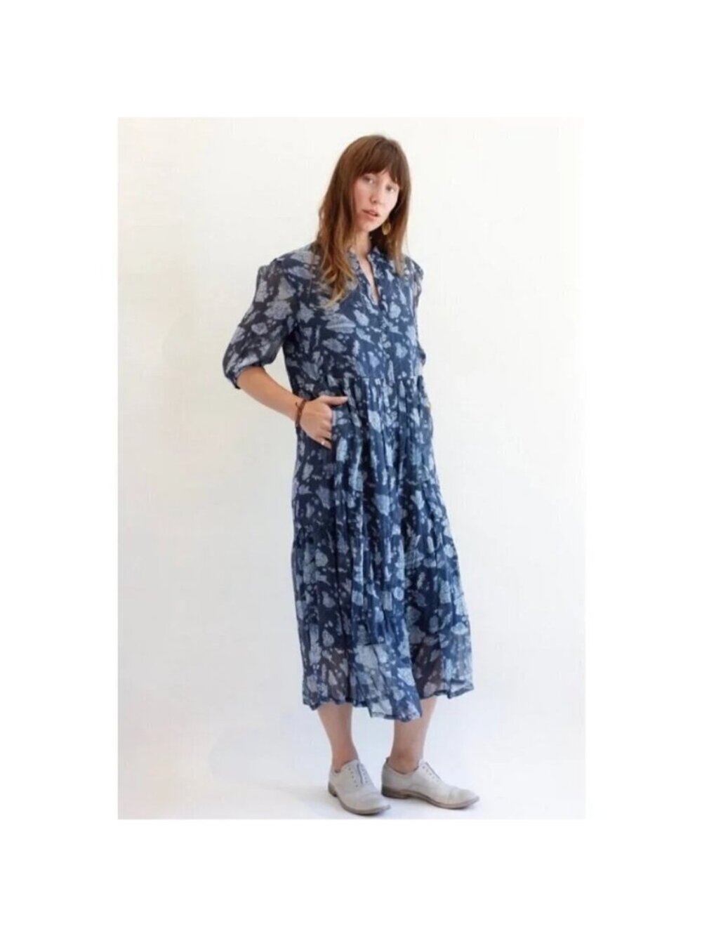 Raquel Allegra Peasant Tiered Silk Chiffon Midi Dress Sz 0 Blue Floral USA Made